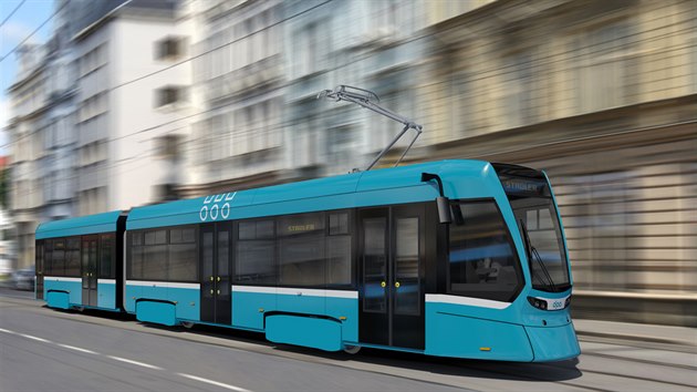 Jeden z neúspěšných návrhů na podobu nových tramvají. Varianty se liší především barevností dveří, vedením linek a umístěním symbolů města.
