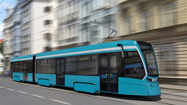 Jeden z neúspěšných návrhů na podobu nových tramvají. Varianty se liší především barevností dveří, vedením linek a umístěním symbolů města.