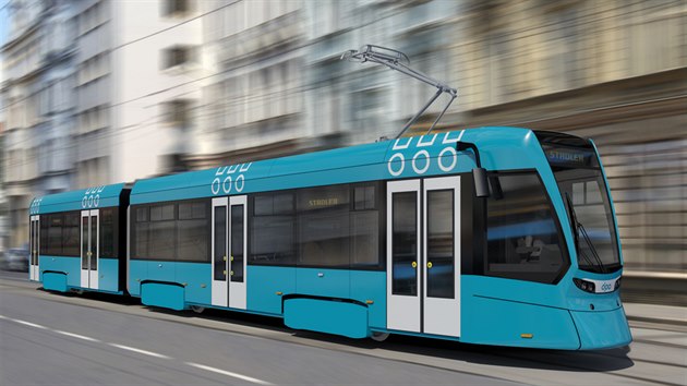 Vítězný návrh na podobu nové tramvaje. Návrhy designu nových tramvají pro Ostravu od firmy Stadler. Čtyři varianty se liší především barevností dveří, vedením linek a umístěním symbolů města.