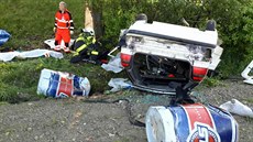 Zdemolované auto po nárazu do stromu.