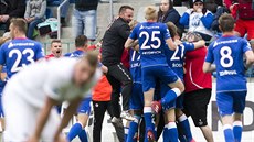 Slávistití fotbalisté mohutn slaví gól proti Mladé Boleslavi.