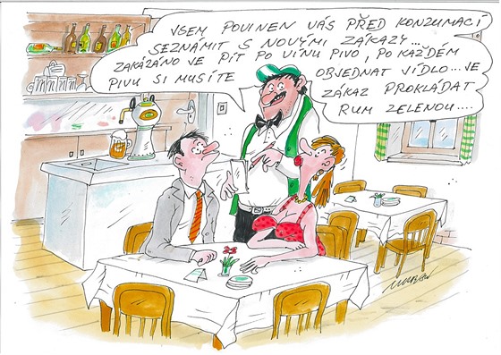 Kreslený vtip Petra Urbana na objednávku k zákazům v hospodách. 