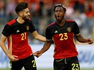 Belgický útoník Michy Batshuayi (vpravo) slaví gól v píprav proti esku, s...