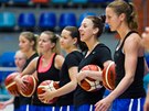 eské basketbalistky poslouchají pokyny pi tréninku v Hradci Králové.