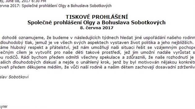 Spolen prohlen Olgy a Bohuslava Sobotkovch k manelsk odluce (8. ervna 2017).