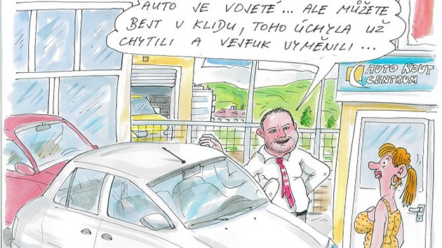 Petr Urban kreslí vtipy na zakázku pro různé firmy, například autosalony.