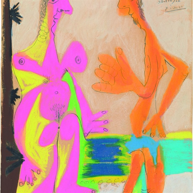 Pablo Picasso, Akt stojícího mue a eny, 1969, kva, pastel a tuka na...