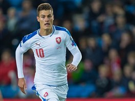 eský útoník Patrik Schick v kvalifikaním utkání proti Norsku.