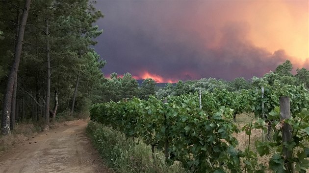 Kouř stoupající z lesního požáru při pohledu z vesnice Mourisco v centrálním Portugalsku (17. června 2017)