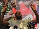 Usain Bolt na tiskové konferenci ped Zlatou tretrou.