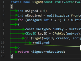 Ukázka kódu s odsazením tabulátory (doplnili jsme zelené šipky)