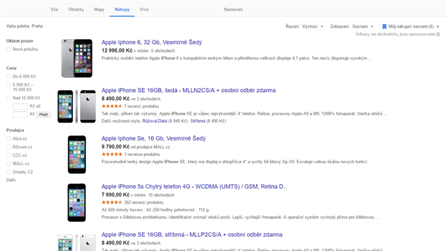 Google Nákupy - zobrazení výsledků hledání zboží