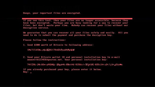 Screenshot poítae zavirovaného novou verzí ransomware Petya