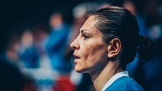 Řecká basketbalistka Evanthia Maltsiová zklamaná po prohře v semifinále.