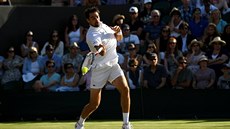 VE VZDUCHU. Jeremy Chardy zahrává forhend v utkání s Tomáem Berdychem.