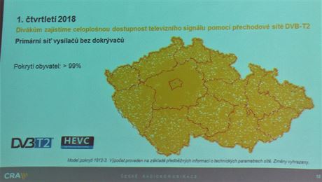 Mapa pedpokládaného pokrytí signálem DVB-T2 televize v prvním tvrtletí 2018.