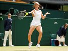 NAPLNO. Johanna Kontaová se opírá do forhendu v semifinále Wimbledonu s Venus...