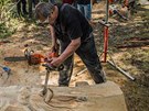 Na Dobrošovském dřevobraní tvoří dřevořezbáři sochy motorovými pilami. (15. 7....