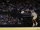 Roger Federer servíruje v semifinále Wimbledonu.