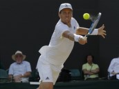 Tom Berdych se natahuje po bekhendovm deru v osmifinle Wimbledonu.