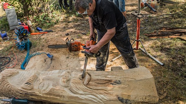 Na Dobrošovském dřevobraní tvoří dřevořezbáři sochy motorovými pilami. (15. 7. 2017)