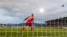 NA TOHLE NEDOSÁHNU. Branká� Mladé Boleslavi Jakub Divi� se bezmocn� ohlí�í po...