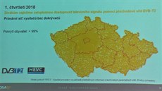 Mapa pedpokládaného pokrytí signálem DVB-T2 televize v prvním tvrtletí 2018.