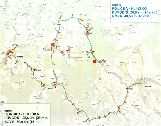 Objízdná trasa pro ososbní auta a kamiony v jednom směru od Poličky přes Proseč...