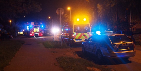 Policisté, záchranáři a hasiči při tragickém požáru bytu v Ostravě-Porubě.