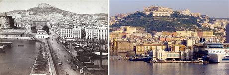 Pohled na Hrad svatého Eliáe v italské Neapoli na historické a souasné fotografii.