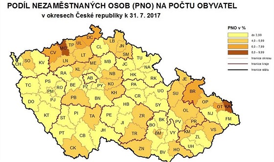 Mapa nezaměstnanosti v okresech - červenec 2017