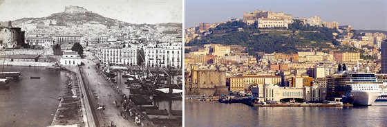 Pohled na Hrad svatého Eliáe v italské Neapoli na historické a souasné fotografii.