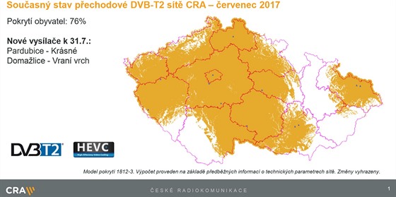 Pokrytí DVB-T2 k 31. 7. 2017