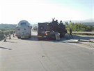 Na dálnici D35 na Olomoucku sjel z návsu tank (3. srpna 2017).
