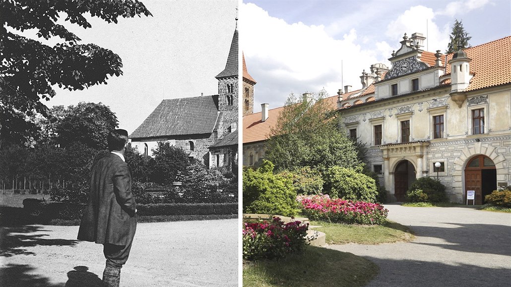 Novorenesan�ní zámek Pr�honice kolem roku 1910 a v sou�asnosti