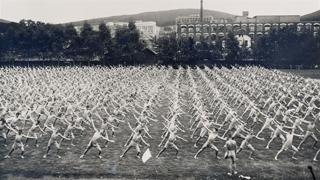 Prostná cvičení mladých mužů Baťovy školy práce při sportovní slavnosti 11. září 1932 na stadionu SK Baťa.