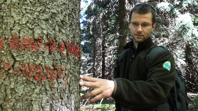 Radek Drahn ze Sprvy KRNAP ukazuje hranici prvn zny ve Dvorskm lese.