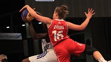 Česká juniorská reprezentantka Alžběta Levínská blokuje soupeřku z Francie ve...