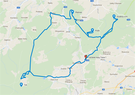 Mapa cyklovletu po nejvych kopcch Brd