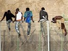Skupina afrických uprchlík pelézá hraniní plot ve panlském pístavu...