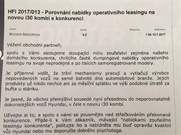 Dopis českého zastoupení Hyundaie svým dealerům