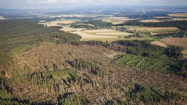 Letecký průzkum ukázal rozsáhlý lesní polom u obce Libňatov na Trutnovsku (14. 8. 2017).