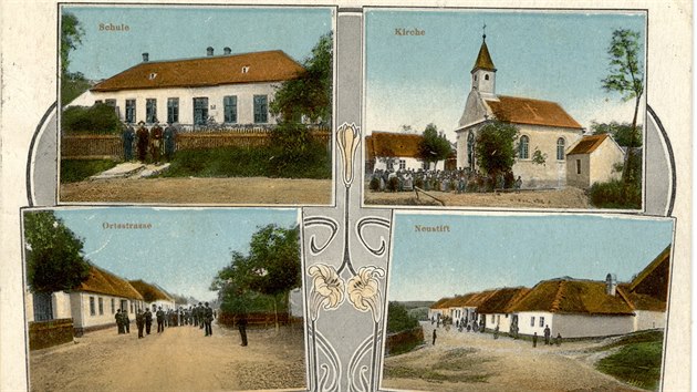 Dobová pohlednice, vydaná Hansem Tichi Misslitzem, zachycuje idylickou vesnici Ječmeniště – německy zvanou Gerstenfeld – v roce 1912.