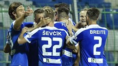 LIBERECKÁ RADOST. Fotbalisté Liberce slaví gól bhem utkání s Mladou Boleslaví.