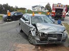 Snímek z nehody dvou voz u sjezdu z dálnice D46 na Prostjovsku nedaleko obce...