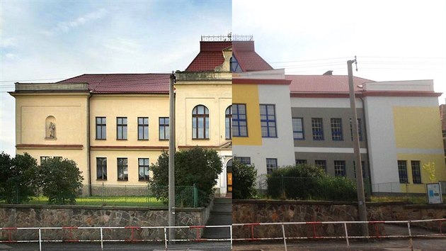 Historická budova ZŠ v Kamenných Žehrovicích na Kladensku před rekonstrukcí (vlevo) a po ní.