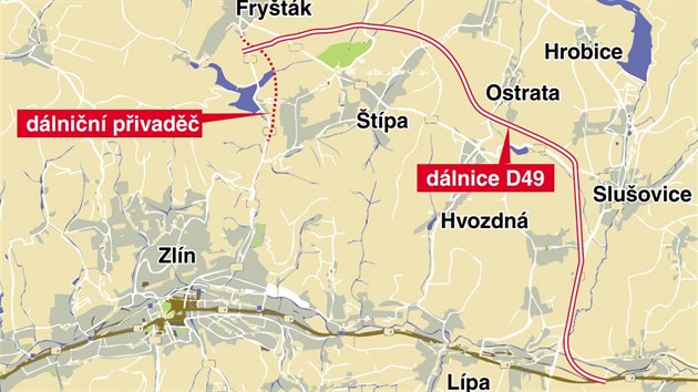Plánovaná trasa úseku dálnice D49 z Fryštáku do Lípy i dálničního přivaděče směrem ke Zlínu.