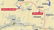 Plánovaná trasa úseku dálnice D49 z Fryštáku do Lípy i dálničního přivaděče...