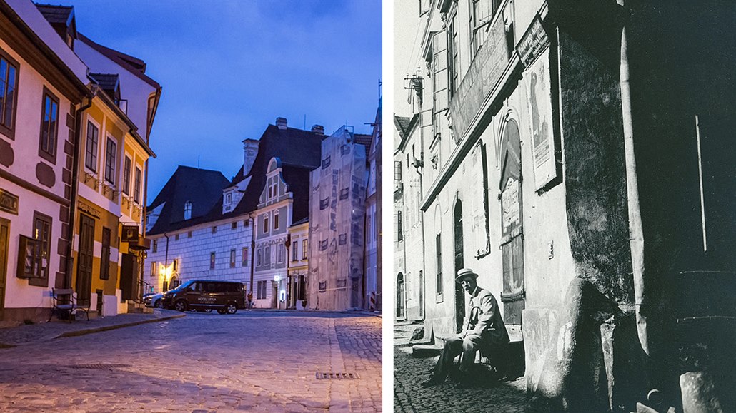 �iroká ulice v �eském Krumlov� v aktuální podob� a v roce 1917