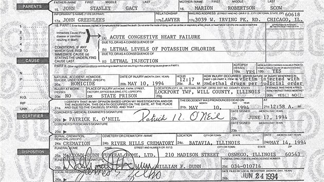 Doklad o smrti. John Wayne Gacy je mrtev, zemřel po podání smrtící injekce, konstatuje v dokumentu koroner.
